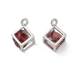 Rojo Oscuro Micro latón allanan colgantes cúbicos del zirconia, larga duración plateado, encanto del cubo, Platino, de color rojo oscuro, 13x10x7 mm, agujero: 1.5 mm