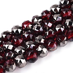 Темно-Красный Гальваническое покрытие прозрачных круглых стеклянных бусин в нитях, граненые, темно-красный, 7.5~8.5x7~7.5 мм, отверстие : 1.2~1.6 мм, около 25~26 шт / нитка, 6.89~7.48'' (17.5~19 см)