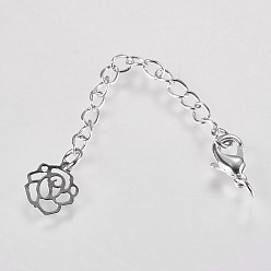 Платинированный Удлиненный латунный удлинитель цепи, с застежками из лобстера и кончиками цветов, Реальная платина, 73x3 мм, отверстие : 2.5 мм