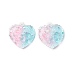 Pink Two Tone Transparent Resin Pendants, with Glitter Powder, Heart Charm with Music Note Pattern, Sky Blue, Pink, 20x20x5mm, Hole: 2mm