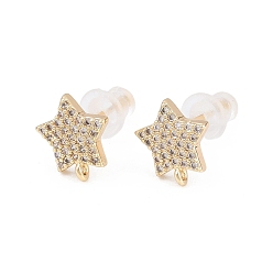 Звезда Латунные серьги-гвоздики с фианитами, с петлей и 925 булавками из стерлингового серебра, золотые, звезда, 9.5x8.5 мм, отверстие : 0.8 мм, штифты : 0.7 мм