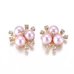 Pink Alloy Cabochons, with Crystal Rhinestone & Acrylic Imitation Pearl, Flower, Light Gold, Pink, 19~20x21~22x10mm