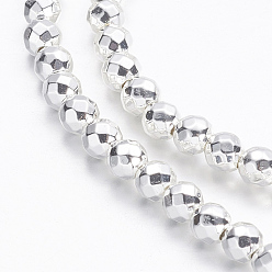 Silver Plated Electroplate Non-magnetic Synthetic Hematite Beads Strands, Faceted(64 Facets), Round, Silver Plated, 3mm, Hole: 0.7mm, about 135pcs/strand, 15.7 inch
