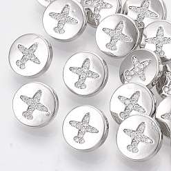 Platinum Brass Shank Buttons, with Micro Pave Cubic Zirconia, Flat Round with Airplane, Clear, Platinum, 10.5x5.5mm, Hole: 1.4mm