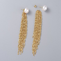 Golden Tassel Earrings, with ABS Plastic Imitation Pearl Beads, Brass Ear Nuts, 304 Stainless Steel Singapore Chains and Stud Earring Findings, Golden, 105x12mm, Pin: 0.8mm
