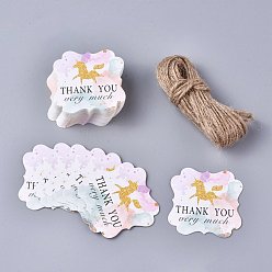 Yellow Floral Pattern Paper Gift Tags, Hang Tags, with Jute Twine, Square with Word Thank You Very Much, Yellow, 5x5x0.05cm, Hole: 4mm, 50pcs/set
