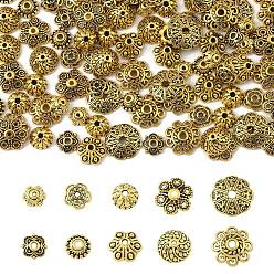 Античное Золото 100 шт 10 стили тибетский стиль сплава бусины цветочные колпачки, античное золото , 7~13x2~5 мм, отверстие : 1~2.5 мм, 10 шт / стиль