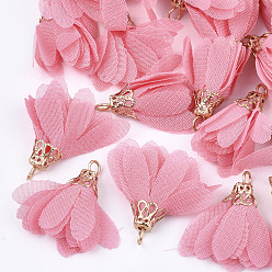 Pink Шифон подвески, с железной фурнитурой, цветок, золотые, розовые, 25~27x20~30 мм, отверстие : 2.5 мм