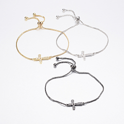 Mixed Color Adjustable Brass Bolo Bracelets, Slider Bracelets, with Cubic Zirconia and Box Chains, Cross, Mixed Color, 10-1/4 inch(260mm)