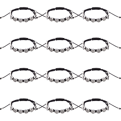 Noir 12Bracelets ovales en alliage avec perles de Saint-Benoît et croix, Bracelets ajustables en cordon ciré tressé à perles pour hommes et femmes, noir, diamètre intérieur: 2~3-3/8 pouce (5~8.7 cm)
