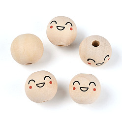 Желтая Старая Ткань  Набивные шима деревянные бусины, круглый с выражением лица, старое кружево, 18.5~19.5 мм, отверстие : 5 мм