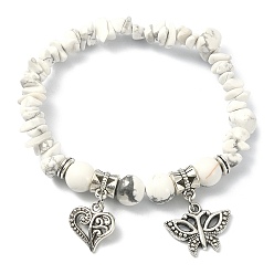 Говлит Эластичный браслет из натуральной крошки говлита, регулируемый браслет из сплава бабочки и сердца для женщин, внутренний диаметр: 2-1/4 дюйм (5.7 см)