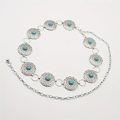 Античное Серебро Цепочка из сплава в этническом стиле с синтетическим бирюзовым цветком, цепочки на талию и живот для женщин, бирюзового цвета, античное серебро, 1100 мм