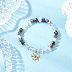 Солнце Латунь шарм браслеты, Браслеты из натуральных круглых бусин кварца и ларвикита для женщин, с оболочкой жемчуг, солнце, внутренний диаметр: 2 дюйм (5.1 см)