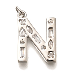 Letter N Латунные микропаве прозрачные подвески с фианитом, с целью перехода в кольце, без свинца и без кадмия, долговечный, стойки покрытие, письмо амулеты, платина, Письмо N, 20.5x15x2.7 мм, Перейти кольцо: 5x1 мм, 3 mm внутреннего диаметра.