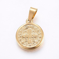 Golden Vacuum Plating 304 Stainless Steel Pendants, Religion, Flat Round with Saint Benedict, Golden, 18x15x1.5mm, Hole: 7x4mm