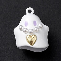 White Halloween Spray Painted Alloy Pendants, with Plastic Pearls, Ghost Charm, White, 24x20x16mm, Hole: 2mm