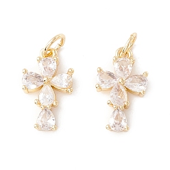 Настоящее золото 18K Покрытие стойки латунь микропаве прозрачные кубические циркониевые подвески, с прыжковых колец, долговечный, без кадмия и без свинца, крестик, реальный 18 k позолоченный, 15x9x3 мм, отверстие : 3.2 мм