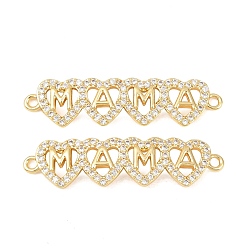 Сердце Подвеска-коннектор из латуни с микропаве и прозрачными кубическими циркониями ко Дню матери., слово мама чары, долговечный, стойки покрытие, без свинца и без кадмия, сердце, 9x35x3 мм, отверстие : 1.5~1.6 мм