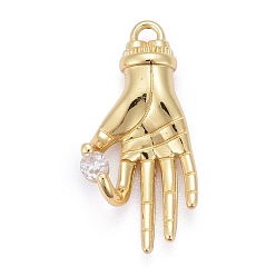 Золотой Латунные микропаве прозрачные подвески с фианитом, долговечный, без свинца и без кадмия, ладонь, золотые, 26x12x4 мм, отверстие : 1.6 мм