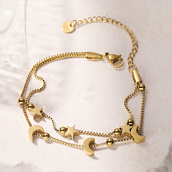 Настоящее золото 18K 304 Многорядные браслеты из нержавеющей стали с цепочкой-коробкой для женщин, Луна и звезды, реальный 18 k позолоченный, 6-3/4 дюйм (17.2 см)