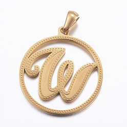Letter W Ion Plating(IP) 304 Stainless Steel Pendants, Flat Round with Letter, Golden, Letter.W, 28x25x1.2mm, Hole: 6x3.5mm