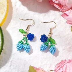 Темно-Голубой Цветок с вишней 304 серьги-подвески из нержавеющей стали и стеклянных бусин, с рыболовной нитью, нейлоновой проволокой, акриловыми подвесками и смолой, золотые, глубокое синее небо, 42x18 мм