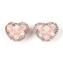 Персиковый Слойка Полимерная глина в форме сердца, украшенная стразами, с цветком из смолы и стеклом, фокусные бусины для ручек с бусинами изготовление бижутерии брелок, розовые, 18~20.5x24.5~25.5x15.5~18 мм, отверстие : 1.8 мм