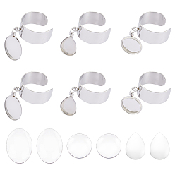 Нержавеющая Сталь Цвет Набор для изготовления пустого кольца-манжеты своими руками, включая 304 кольца из нержавеющей стали, Кабошоны из стекла, прямоугольник, овал и капля, цвет нержавеющей стали, Кольцо: 17~18 mm внутреннего диаметра, 6 шт / комплект