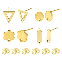 Real 24K Gold Plated 16Pcs 4 Styles 201 Stainless Steel Stud Earring Findings with Hole, 304 Stainless Steel Pins and Ear Nuts, Real 24K Gold Plated, 9~12x3.5~9mm, Hole: 1~1.6mm, Pin: 0.8mm, 4pcs/style