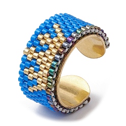 Crown 304 Stainless Steel Open Cuff Ring with Glass Seed Beaded, Crown, US Size 6 3/4(17.1mm)