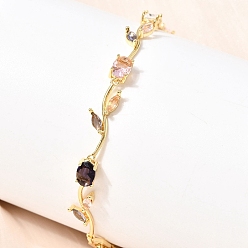 Colorful Leaf Brass Micro Pave Cubic Zirconia Link Chain Bracelets for Women, Cadmium Free & Lead Free, Real 18K Gold Plated, Rack Plating, Long-Lasting Plated, Colorful, 8.90 inch(22.6cm)