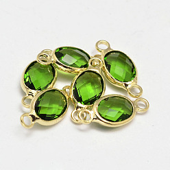 Lime Green Oval Faceted Golden Brass Glass Links connectors, Lime Green, 15x7x3.2mm, Hole: 1mm