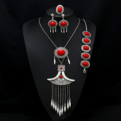 Красный Овальный сплав с подвеской из смолы, подвесные серьги-гвоздики, браслет и кольцо, античное серебро, красные, 40x28 мм & 540 мм & 210~230 мм & 27x23 мм