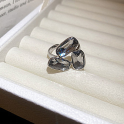 Diamant Noir Bagues ouvertes en alliage et strass, rectangle, platine, diamant noir, Taille américaine 4 1/4(15mm)~20mm