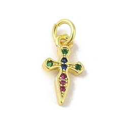 Разноцветный Латунные микро проложить кубического циркония прелести, без кадмия, без никеля и без свинца, реальный 18 k позолоченный, крест прелести, красочный, 14x7.5x1.5 мм, отверстие : 3 мм