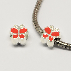 Оранжево-Красный Сплав эмаль бабочка большая дыра европейские шарики, серебряные, оранжево-красный, 10x10x7 мм, отверстие : 4.5 мм