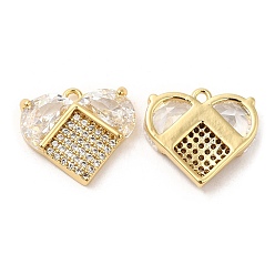 Real 18K Gold Plated Brass and Clear Cubic Zirconia Pendants, Heart, Real 18K Gold Plated, 13x14.5x3.5mm, Hole: 1.2mm