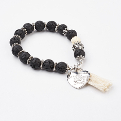 Lava Rock Natural Lava Rock Stretch Charm Bracelets, with Synthetic Coral Beads, Alloy Finding and Tassel Pendant, 2 inch(50mm)