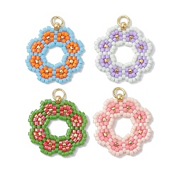 Mixed Color Handmade Seed Beads Pendants, with Elastic Thread, Loom Pattern, Flower, Mixed Color, 23x22x3mm, Hole: 3.4mm