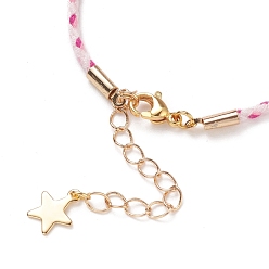 Pink Cotton Braided Cord Bracelets, with Golden Plated 304 Stainless Steel Star Charms and Lobster Claw Clasps, Pink, 7-5/8 inch(19.3cm), 2.5mm
