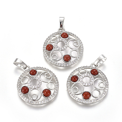 Red Jasper Natural Red Jasper Pendants, with Platinum Tone Brass Findings and Crystal Rhinestone, Flat Round, 29x25.5x4.5mm, Hole: 4.5x8mm
