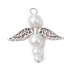 Белый Подвески из перламутровых стеклянных бусин, ангельские прелести, с крыльями из сплава и медной проволокой, белые, 32x32x8 мм, отверстие : 3 мм