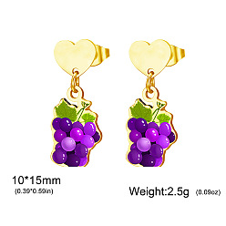 Grape 304 Stainless Steel Stud Dangle Earrings, Fruits, Golden, Grape, 15x10mm