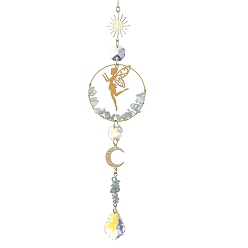 Aguamarina Cuentas de vidrio, cuentas de aguamarina natural y atrapasoles colgantes de latón., ángel, sol y luna, para adornos de ventanas de jardín, 315 mm