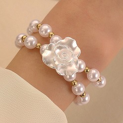 Flower Natural Pearl Beaded Triple Layer Multi-strand Bracelets, Alloy Link Bracelet, Flower, 7-1/8 inch(18cm)