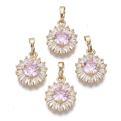 Pearl Pink Brass Micro Cubic Zirconia Charms, with Snap on Bails, Flat Round, Light Gold, Pearl Pink, 15x12x5mm, Hole: 6x4mm