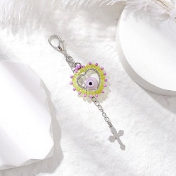 Фиолетовый Подвеска в виде сердца из стеклянных бусин и лампворк ручной работы от сглаза, с 304 подвесками-крестиками из нержавеющей стали и застежками-лобстерами, фиолетовые, 87.5 мм