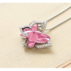 Ярко-Розовый Бабочка латунный паве стеклянный камень ожерелья с подвеской, платина, ярко-розовый, 17.72 дюйм (45 см)