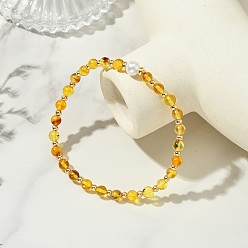 Gold 5MM Natural Amber and Shell Pearl Round Beaded Stretch Bracelets, Golden, Gold, Inner Diameter: 2.17 inch(5.5cm)